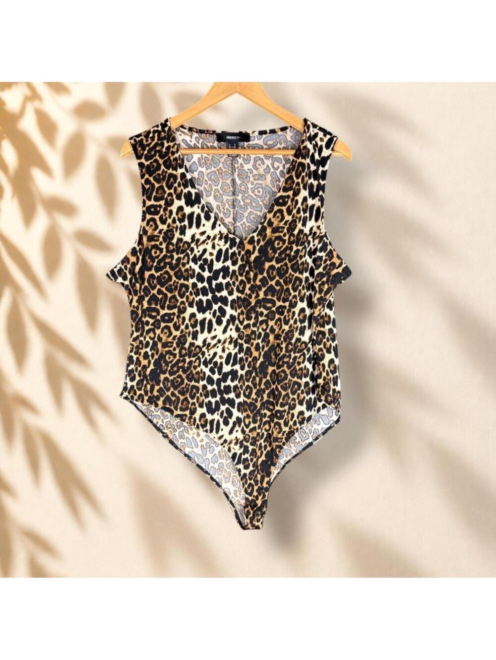 Forever 21 Bodysuit Women 3X Plus Brown Animal Print V-Neck Sleeveless Opaque